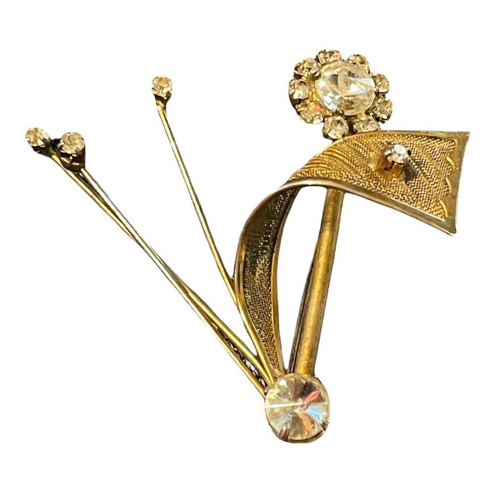 vintage gold tone floral ribbon pin brooch  rhinestones